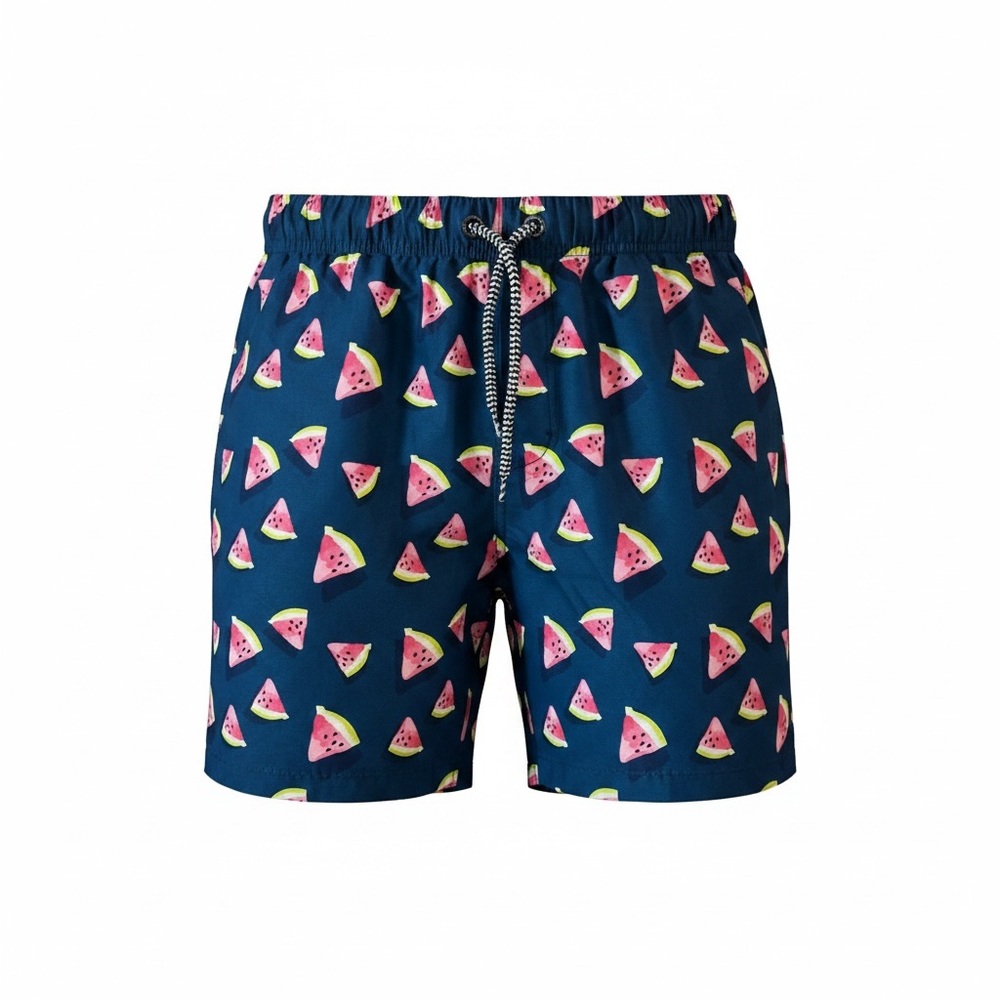 Frank’s Watermelon Print Swim Trunks Men’s Blue Drawstring Board Shorts Large